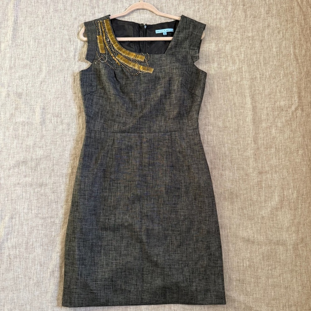 Antonio Melani Sheath Dress 8 Gray Gold Embellished Asymmetrical Neck Cap Sleeve